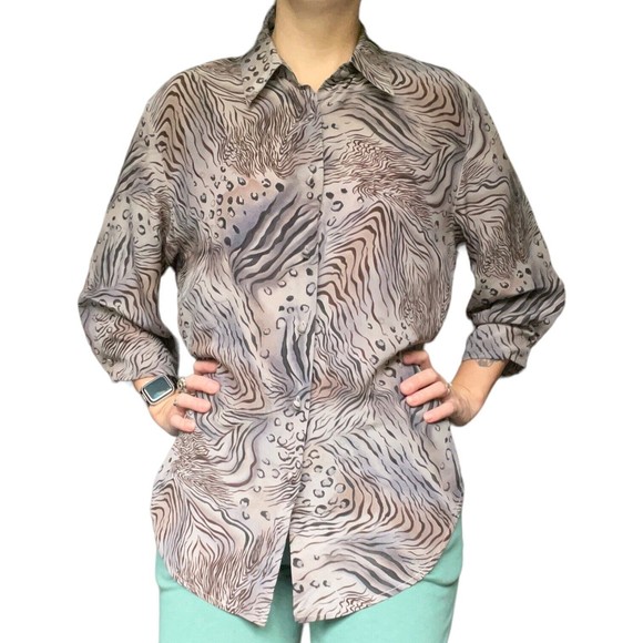 Riva 100% Silk Animal Print Button Up Blouse M Medium 3/4 Sleeve Zebra Leopard - Picture 8 of 12